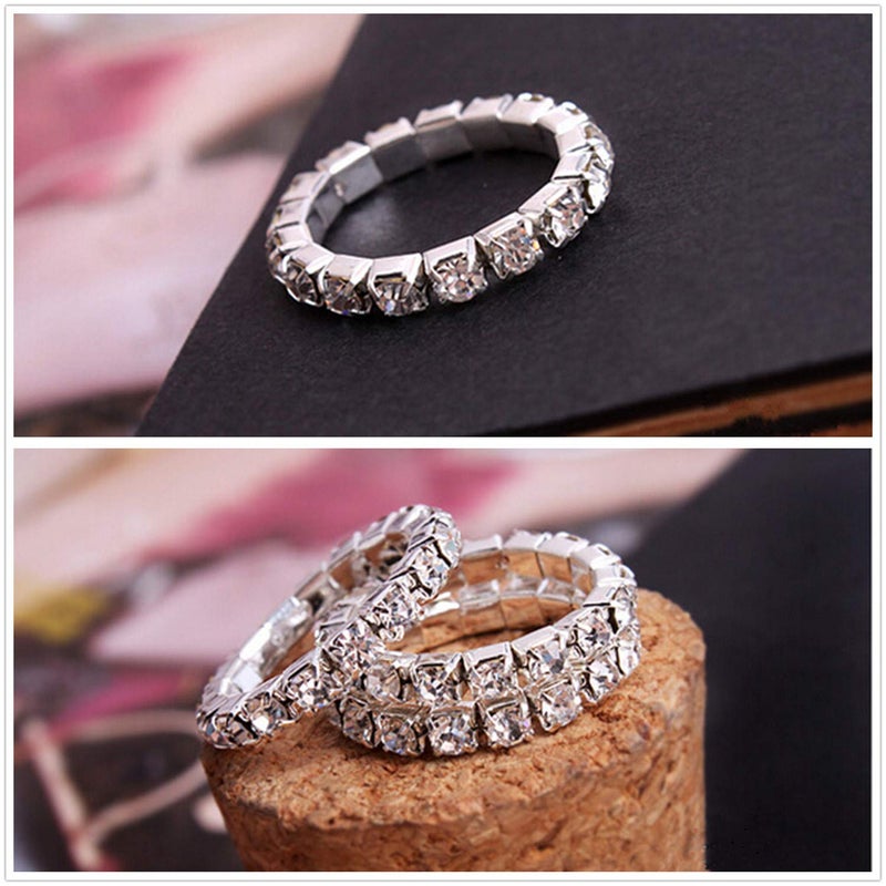 PPX 6 Pcs Rhinestone 1 Rows Crystals Inlaid Paved Jewelry Stretch Elastic Finger Ring for Women -Gold,Silver, Colorful - Image 4